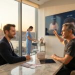 Patient consultation in a modern Turkish hair transplant clinic with Istanbul skyline visible through the window