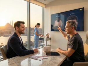 Patient consultation in a modern Turkish hair transplant clinic with Istanbul skyline visible through the window