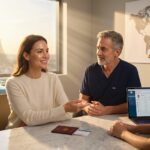 Woman consulting with a plastic surgeon in a modern clinic with passport and boarding pass on the table, conveying planning for a mommy makeover abroad