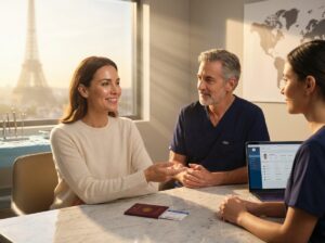 Woman consulting with a plastic surgeon in a modern clinic with passport and boarding pass on the table, conveying planning for a mommy makeover abroad