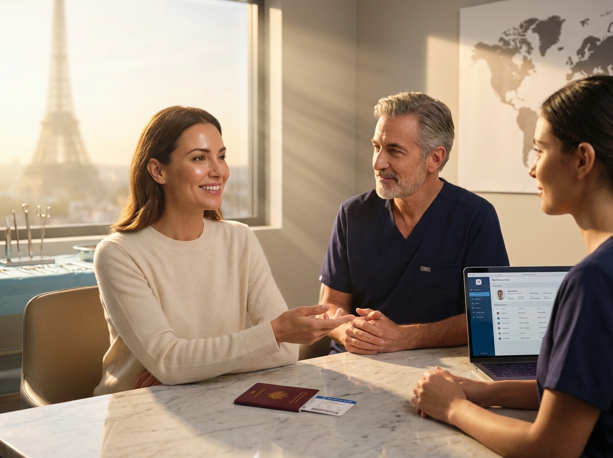 Woman consulting with a plastic surgeon in a modern clinic with passport and boarding pass on the table, conveying planning for a mommy makeover abroad