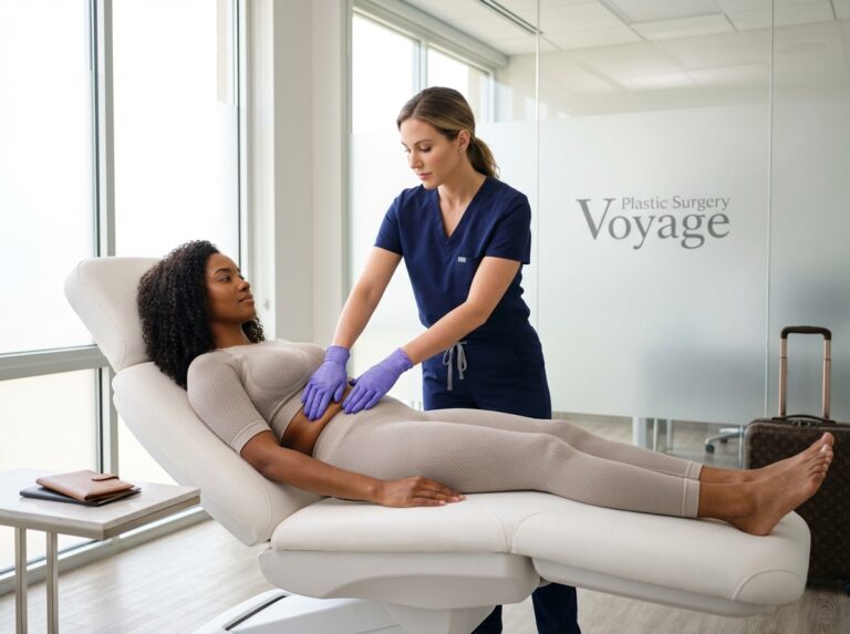 Therapist performing gentle lymphatic massage on a patient in compression garments at a modern clinic with a passport and travel bag nearby