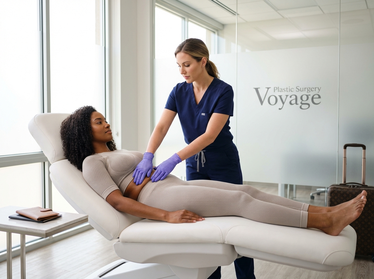 Therapist performing gentle lymphatic massage on a patient in compression garments at a modern clinic with a passport and travel bag nearby