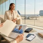 Traveler at an airport lounge reviewing a medical clinic brochure with passport, currency, and compression garment on the table symbolizing planning a BBL abroad