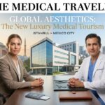 Patient consulting a plastic surgeon with split background showing Istanbul skyline and Mexico City skyline, passport and medical paperwork on the desk