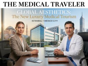 Patient consulting a plastic surgeon with split background showing Istanbul skyline and Mexico City skyline, passport and medical paperwork on the desk