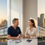 Split image showing Istanbul skyline and a Turkish clinic on the left, Mexico skyline and a Mexican hospital on the right, with a surgeon consulting a patient in the foreground and travel documents visible