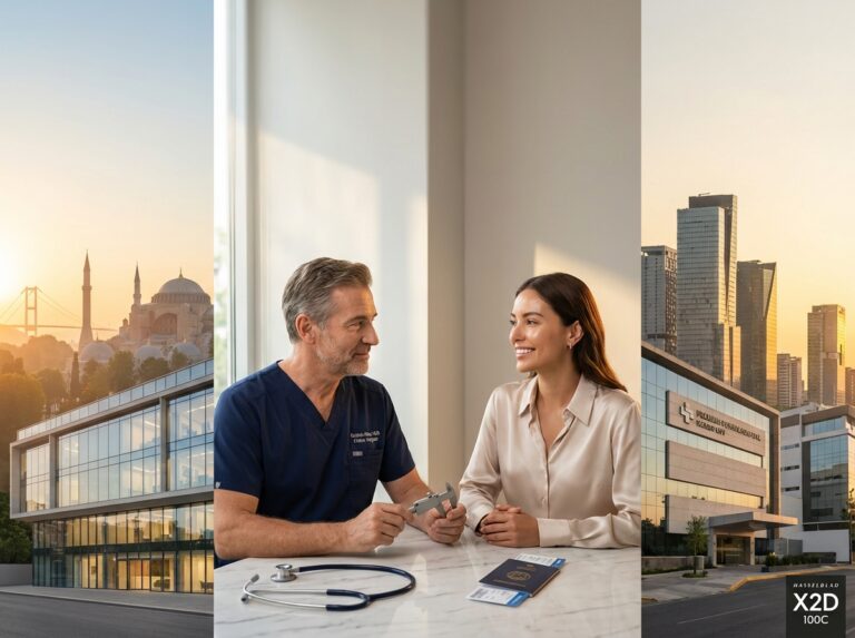 Split image showing Istanbul skyline and a Turkish clinic on the left, Mexico skyline and a Mexican hospital on the right, with a surgeon consulting a patient in the foreground and travel documents visible
