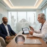 Patient consulting with a hair transplant surgeon with USA Turkey and Mexico visual cues and travel icons, in a modern clinic setting