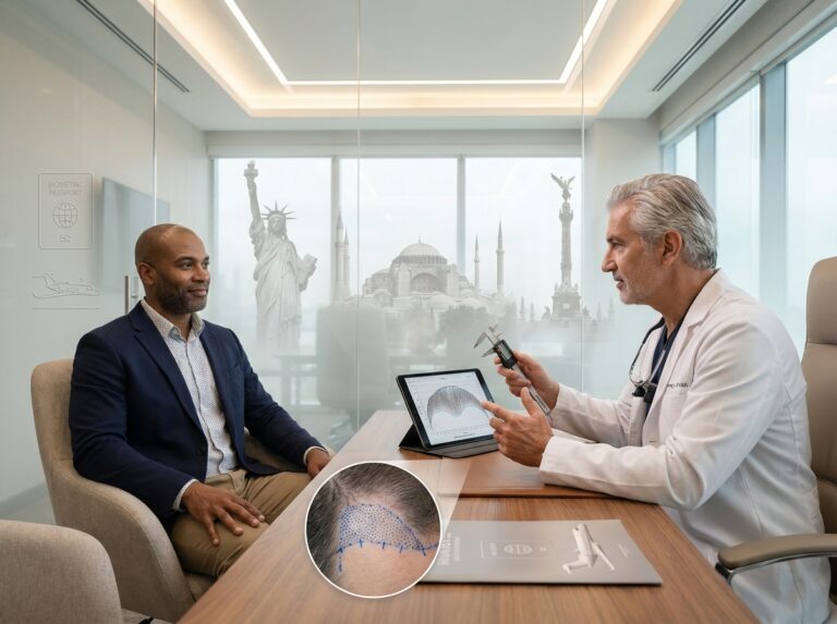 Patient consulting with a hair transplant surgeon with USA Turkey and Mexico visual cues and travel icons, in a modern clinic setting