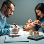 Surgeon examining patient scalp with DHI implanter and FUE graft trays beside passport and boarding pass