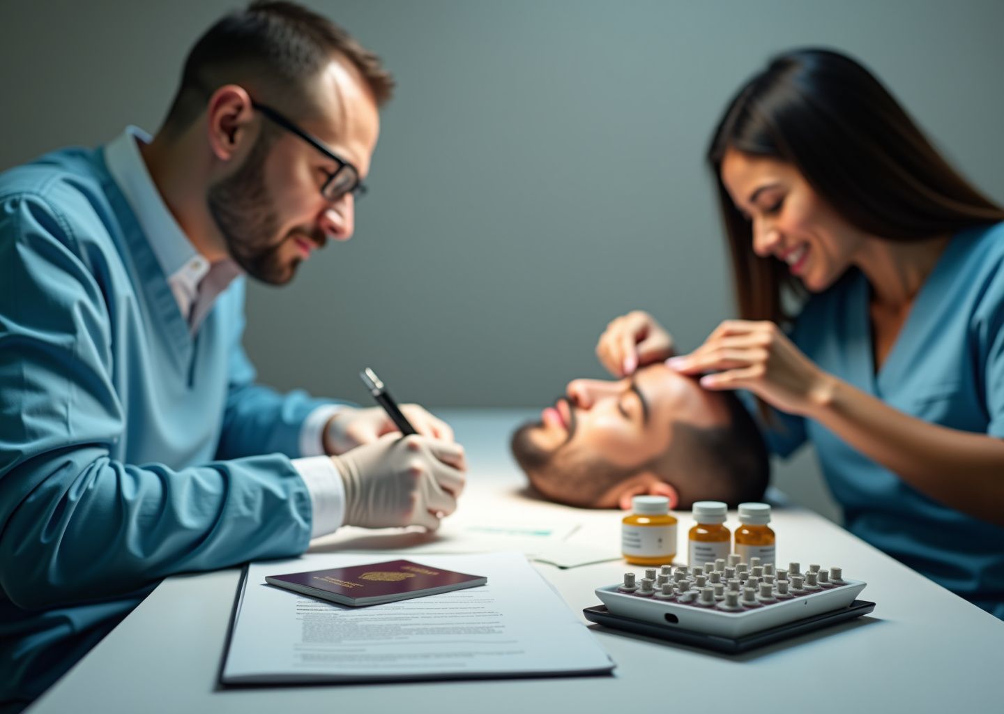 Surgeon examining patient scalp with DHI implanter and FUE graft trays beside passport and boarding pass