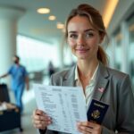 Medical tourist at airport holding passport and itemized surgery estimate with a clinic and surgeon visible in the background, suitcase with compression garments, and a calculator on the table