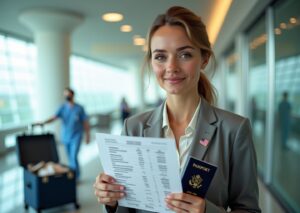 Medical tourist at airport holding passport and itemized surgery estimate with a clinic and surgeon visible in the background, suitcase with compression garments, and a calculator on the table