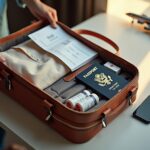 Neatly packed hospital bag with passport, medical records, prescriptions, compression garment, comfortable clothing, phone charger and first aid kit on a bedside table representing medical tourism packing