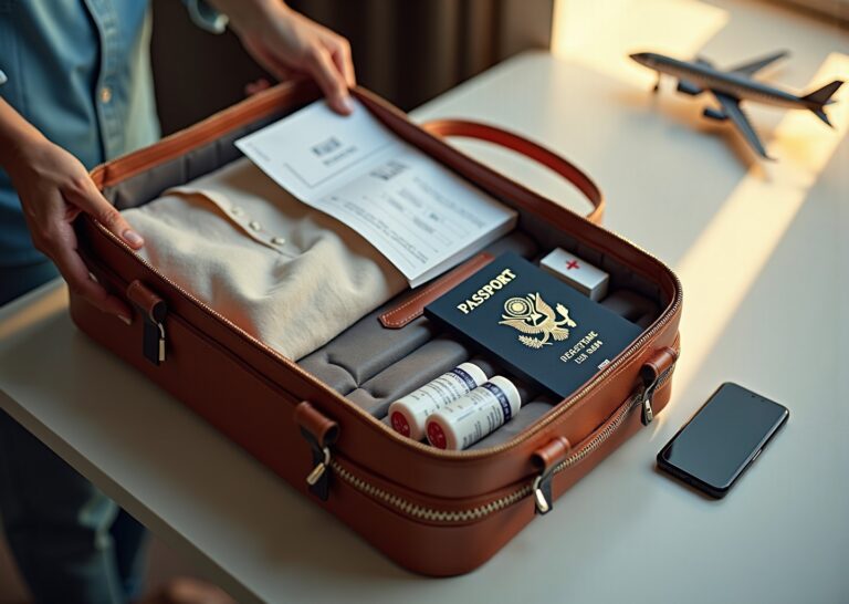 Neatly packed hospital bag with passport, medical records, prescriptions, compression garment, comfortable clothing, phone charger and first aid kit on a bedside table representing medical tourism packing