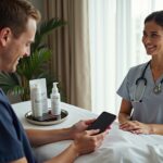 Patient and plastic surgeon reviewing a healed surgical scar with scar care products and travel documents on a clinic table