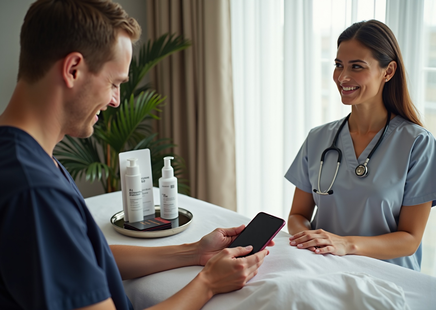 Patient and plastic surgeon reviewing a healed surgical scar with scar care products and travel documents on a clinic table