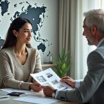 Patient consulting with a surgeon about plastic surgery abroad with passport, boarding pass, medical records, and clinic accreditation visible on the table
