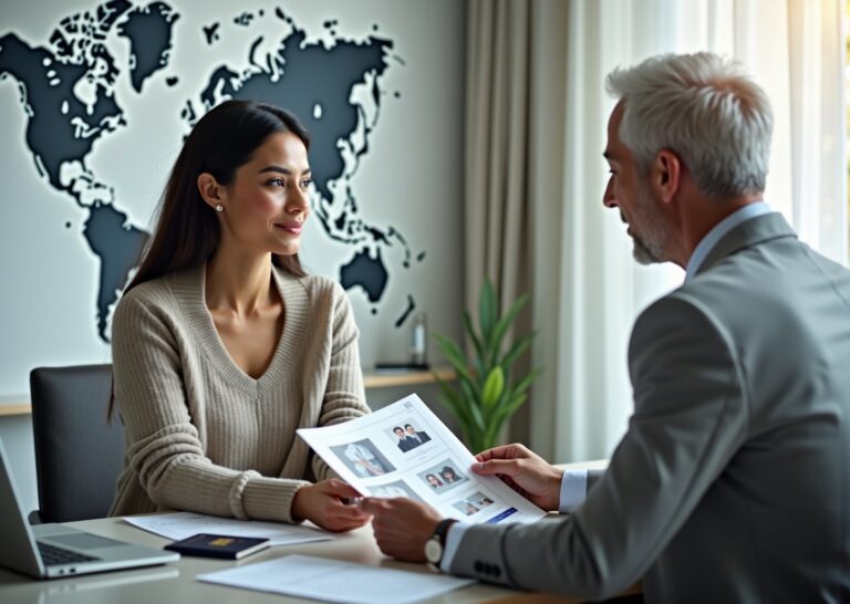 Patient consulting with a surgeon about plastic surgery abroad with passport, boarding pass, medical records, and clinic accreditation visible on the table