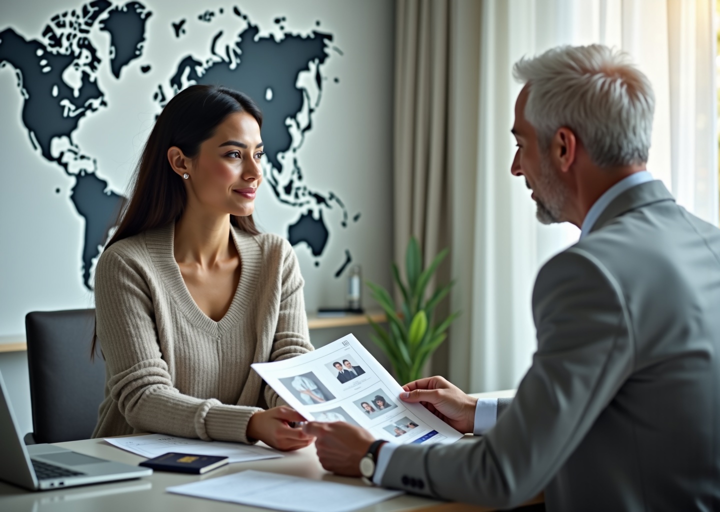 Patient consulting with a surgeon about plastic surgery abroad with passport, boarding pass, medical records, and clinic accreditation visible on the table
