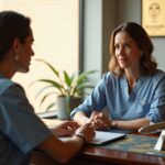 Patient consulting with plastic surgeon in a modern clinic with passport and map on desk, before and after facial photos on tablet and accreditation plaques visible