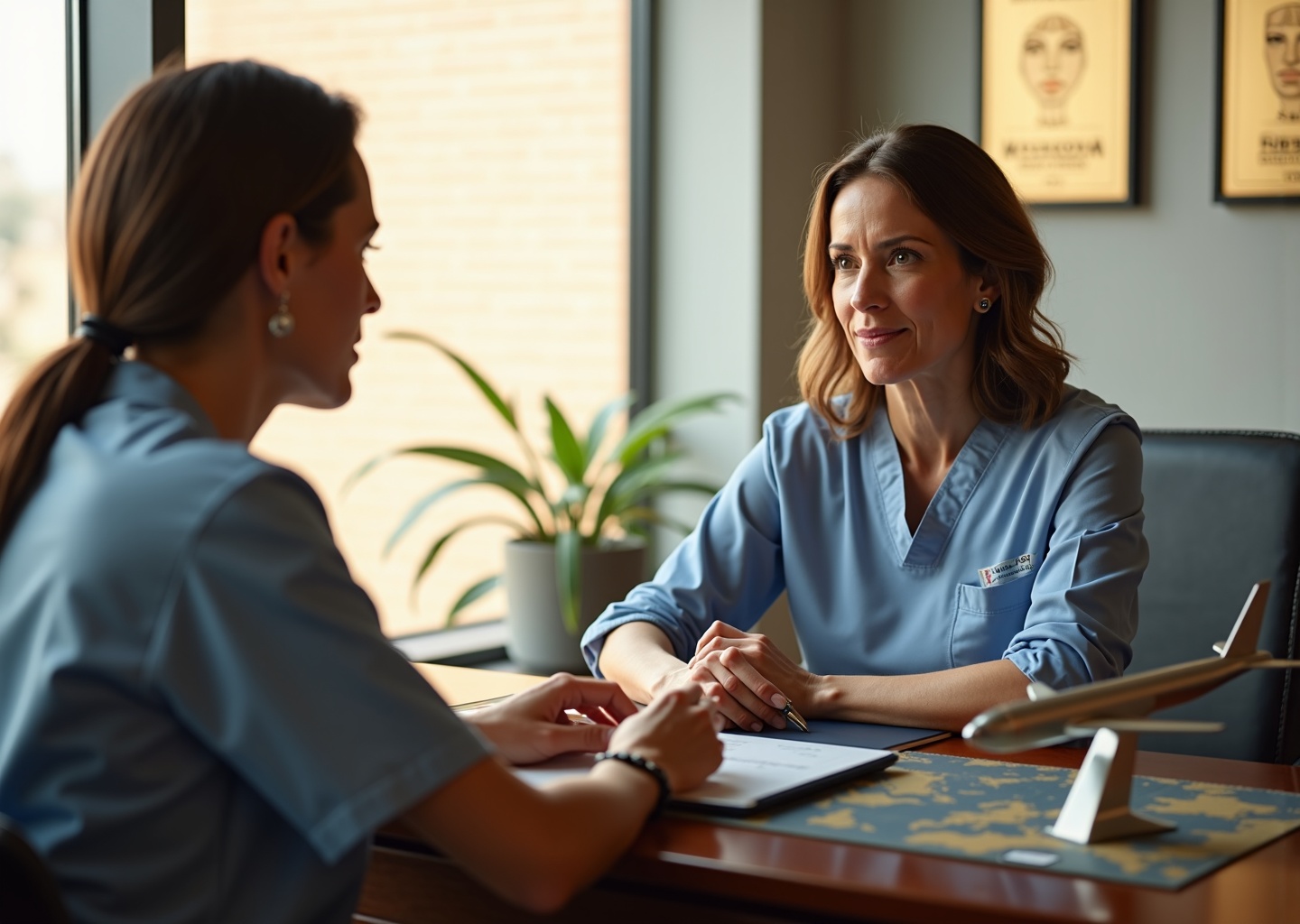 Patient consulting with plastic surgeon in a modern clinic with passport and map on desk, before and after facial photos on tablet and accreditation plaques visible