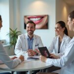 Patient consulting with dentist and plastic surgeon in a modern clinic with a veneer shade guide and travel documents visible