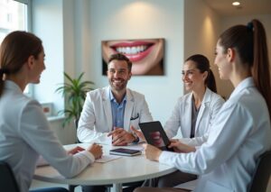 Patient consulting with dentist and plastic surgeon in a modern clinic with a veneer shade guide and travel documents visible