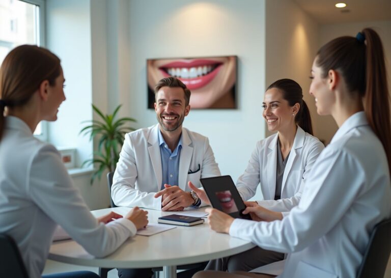 Patient consulting with dentist and plastic surgeon in a modern clinic with a veneer shade guide and travel documents visible