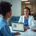 Patient consulting a surgeon about an all-inclusive plastic surgery package with laptop, passport, and checklist on the desk in a modern clinic setting