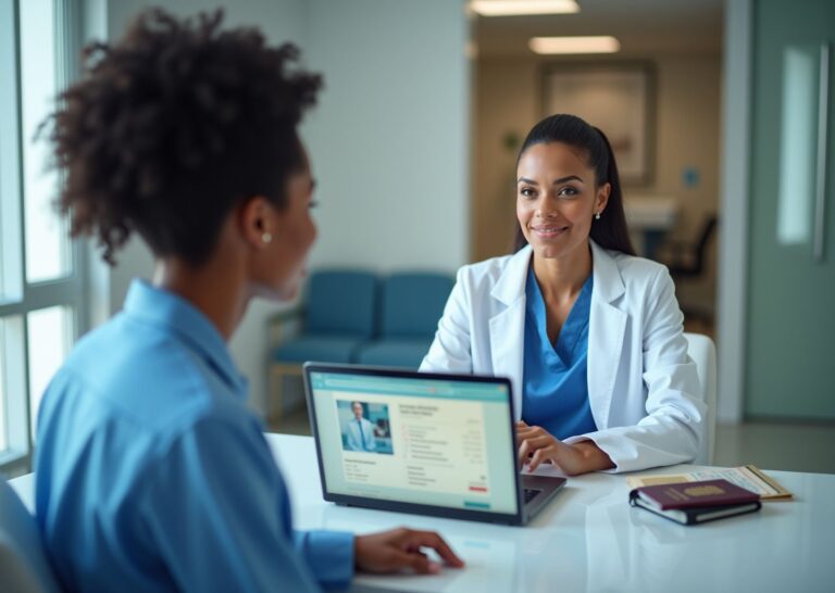 Patient consulting a surgeon about an all-inclusive plastic surgery package with laptop, passport, and checklist on the desk in a modern clinic setting
